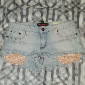 Dollhouse Light Wash Distressed Denim Shorts with Orange Accents